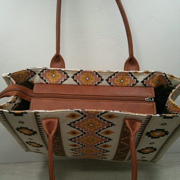 Wrangler Southwestern Aztec Mexican Style Print Canvas Wide Full Zip Tote Bag - Picture 10 of 14
